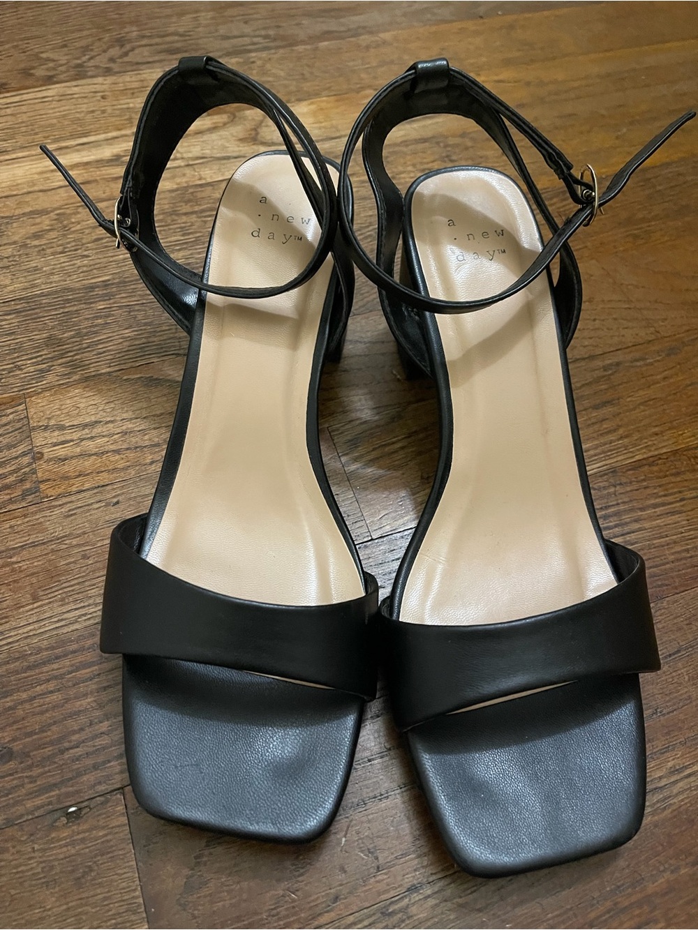 a new day Black Square-Toe Ankle Strap Block Heel Sandals